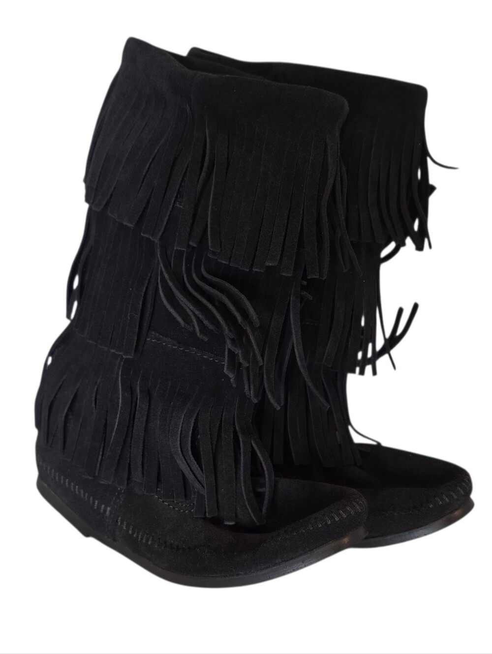 Minnetonka Suede Layered Fringe Boots Size 8 Black Flat Moccasin Southwestern